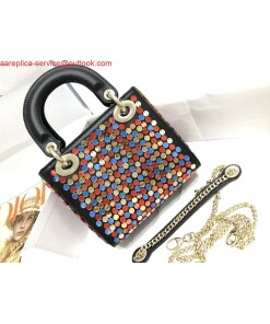 Replica Dior S0856 Micro Lady Dior Bag Horizon Black Metallic Cannage Lambskin with multicolor embroidery sequins