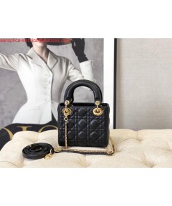 Replica Dior M0505 Mini Dior Lady Bag Black Cannage lambskin Gold 2