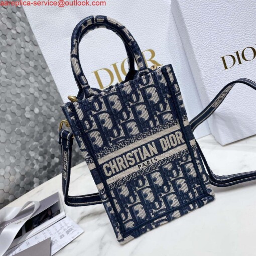 Replica Dior S5555 Mini Dior Book Tote Phone Bag Blue Dior Oblique Embroidery