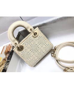 Replica Dior M0505 Mini Dior Lady Bag Apricot Metallic Cannage Lambskin with Embroidered Beads