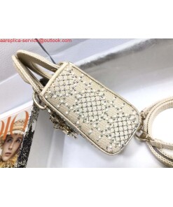 Replica Dior M0505 Mini Dior Lady Bag Apricot Metallic Cannage Lambskin with Embroidered Beads 2