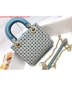 Replica Dior M0505 Mini Dior Lady Bag Blue Metallic Cannage Lambskin with Embroidered Check Beads
