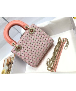 Replica Dior M0505 Mini Dior Lady Bag Pink Metallic Cannage Lambskin with Embroidered Check Beads