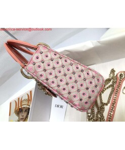 Replica Dior M0505 Mini Dior Lady Bag Pink Metallic Cannage Lambskin with Embroidered Check Beads 2