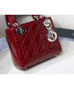 Replica Dior M0505 Mini Lady Dior Bag Wine Red Patent Cannage Calfskin Silver