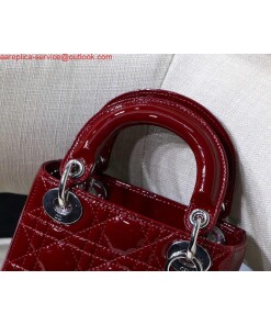 Replica Dior M0505 Mini Lady Dior Bag Wine Red Patent Cannage Calfskin Silver 2