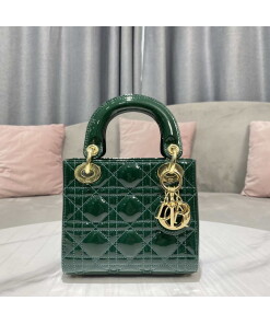 Replica Dior M0505 Mini Lady Dior Bag Dark Green Patent Cannage Calfskin
