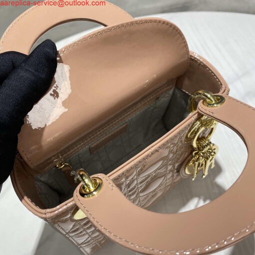 Replica Dior M0505 Mini Lady Dior Bag Nude Patent Cannage Calfskin 7
