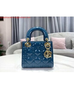 Replica Dior M0505 Mini Lady Dior Bag Navy Blue Patent Cannage Calfskin