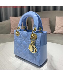 Replica Dior M0505 Mini Lady Dior Bag chrysanthemum Blue Patent Cannage Calfskin