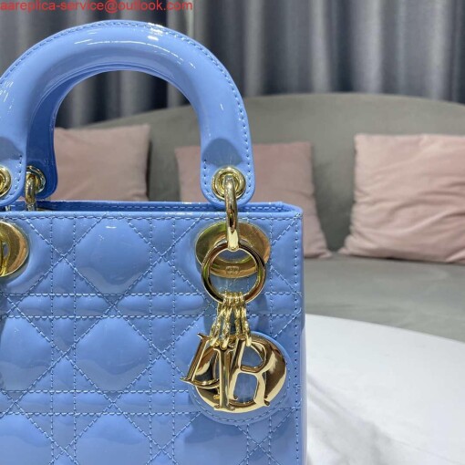 Replica Dior M0505 Mini Lady Dior Bag chrysanthemum Blue Patent Cannage Calfskin 3