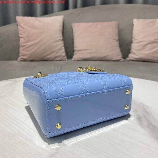 Replica Dior M0505 Mini Lady Dior Bag chrysanthemum Blue Patent Cannage Calfskin 4