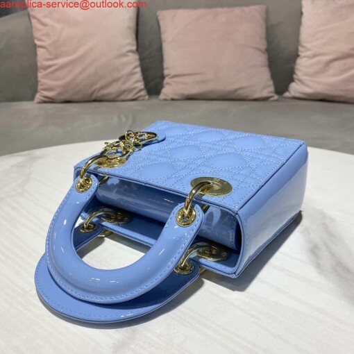 Replica Dior M0505 Mini Lady Dior Bag chrysanthemum Blue Patent Cannage Calfskin 5