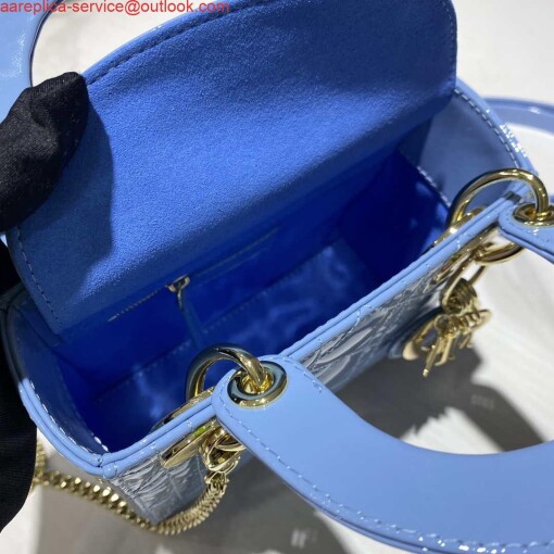 Replica Dior M0505 Mini Lady Dior Bag chrysanthemum Blue Patent Cannage Calfskin 6