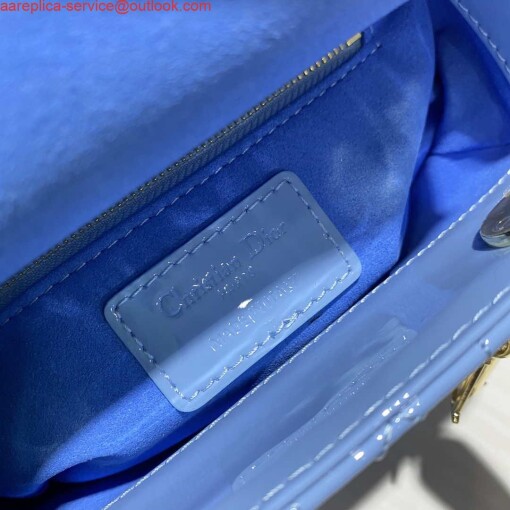 Replica Dior M0505 Mini Lady Dior Bag chrysanthemum Blue Patent Cannage Calfskin 7