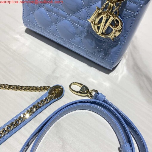 Replica Dior M0505 Mini Lady Dior Bag chrysanthemum Blue Patent Cannage Calfskin 8