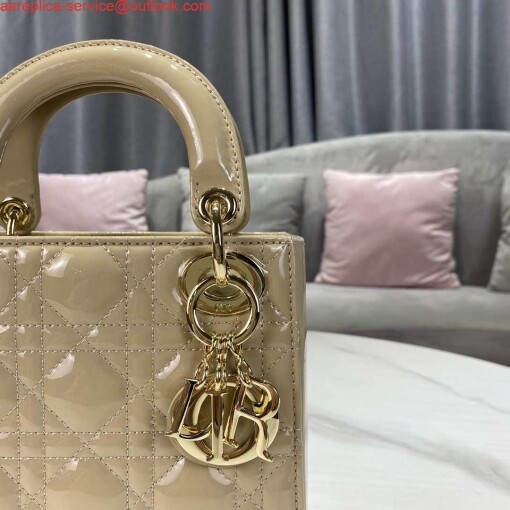 Replica Dior M0505 Mini Lady Dior Bag Apricot Gold Patent Cannage Calfskin 3