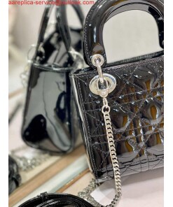 Replica Dior Mini Lady Dior Bag M0505 Black Patent Cannage Calfskin Silver