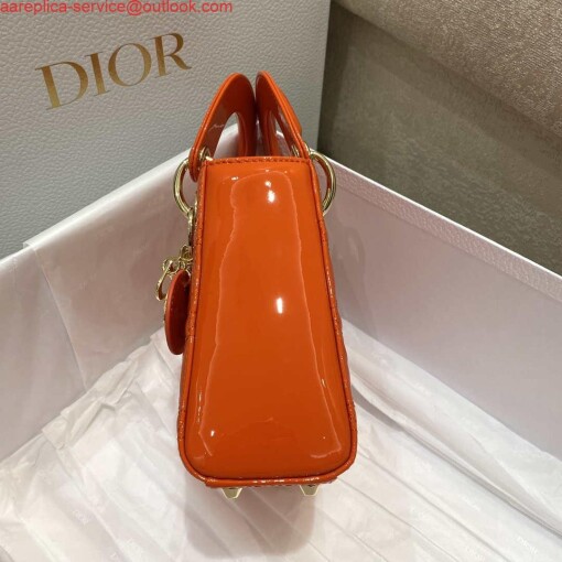 Replica Dior M0505 Mini Lady Dior Bag Orange Red Patent Cannage Calfskin 3