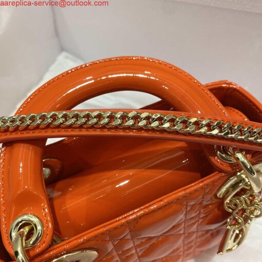 Replica Dior M0505 Mini Lady Dior Bag Orange Red Patent Cannage Calfskin 6