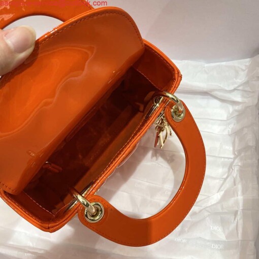 Replica Dior M0505 Mini Lady Dior Bag Orange Red Patent Cannage Calfskin 7