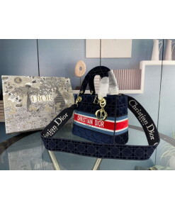 Replica Dior M0565 Medium Lady D-Life Bag Navy Blue Embroidery with Red