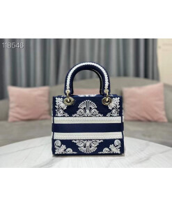 Replica Dior M0565 Medium Lady D-Life Bag Blue and White Cornely-Effect Embroidery