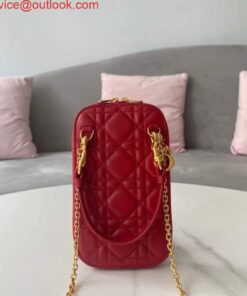 Replica Dior S0872 Lady Dior Phone Holder Cannage Lambskin Red 2