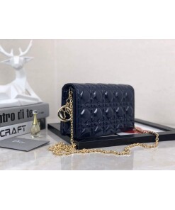 Replica Dior S0204 Lady Dior Pouch Patent Cannage Calfskin Navy Blue