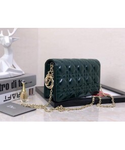 Replica Dior S0204 Lady Dior Pouch Patent Cannage Calfskin Dark green