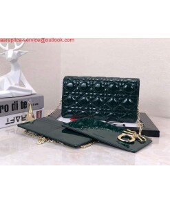 Replica Dior S0204 Lady Dior Pouch Patent Cannage Calfskin Dark green 2