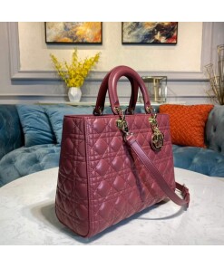 Replica Dior M0566 Large Lady Dior Bag Wine Red Cannage Lambskin
