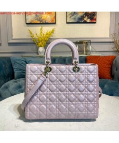 Replica Dior M0566 Large Lady Dior Bag Silver Pink Cannage Lambskin 2