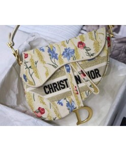 Replica Dior M0446 Dior Saddle Bag Multicolor Flowers Embroidery With Gold