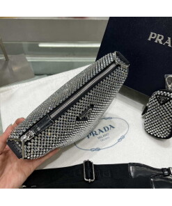 Replica Prada 1NE190 Crystal-studded satin pouch Black