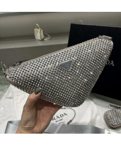 Replica Prada 1NE190 Crystal-studded satin pouch Gray
