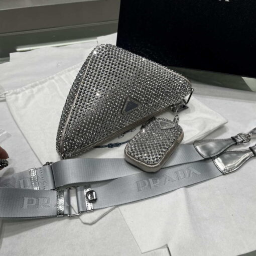 Replica Prada 1NE190 Crystal-studded satin pouch Gray 3