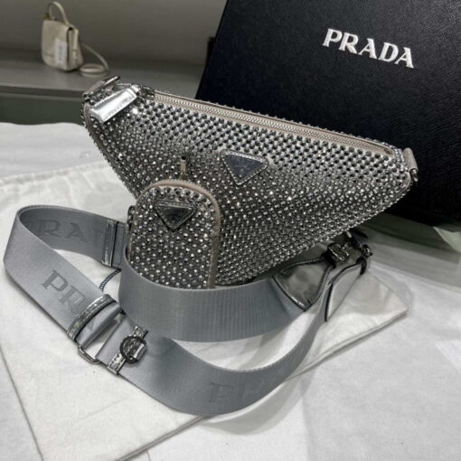 Replica Prada 1NE190 Crystal-studded satin pouch Gray 4