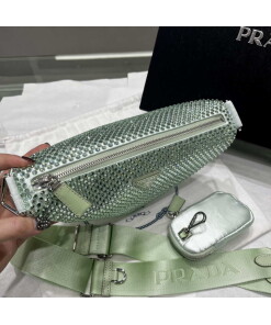 Replica Prada 1NE190 Crystal-studded satin pouch Green