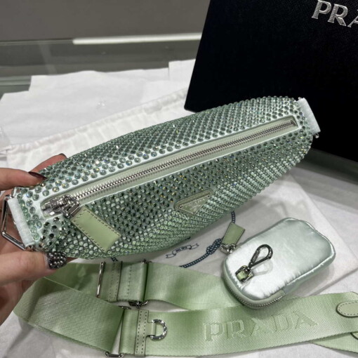 Replica Prada 1NE190 Crystal-studded satin pouch Green