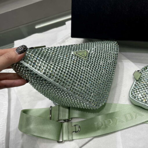 Replica Prada 1NE190 Crystal-studded satin pouch Green 2