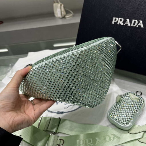 Replica Prada 1NE190 Crystal-studded satin pouch Green 3