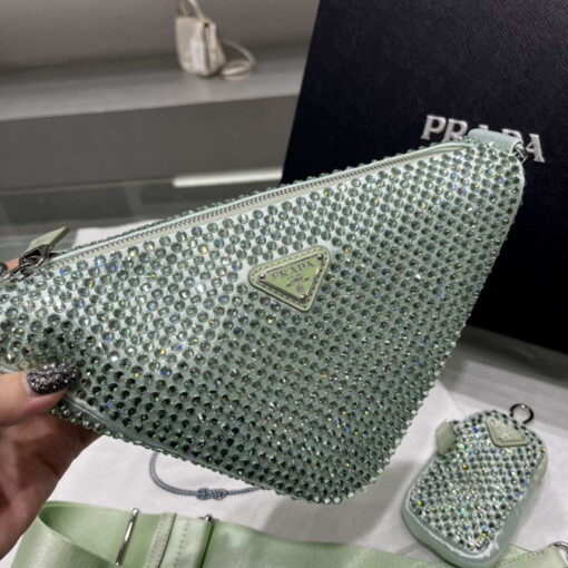 Replica Prada 1NE190 Crystal-studded satin pouch Green 4