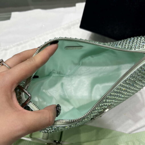 Replica Prada 1NE190 Crystal-studded satin pouch Green 6