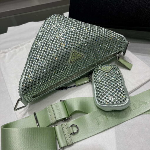 Replica Prada 1NE190 Crystal-studded satin pouch Green 7