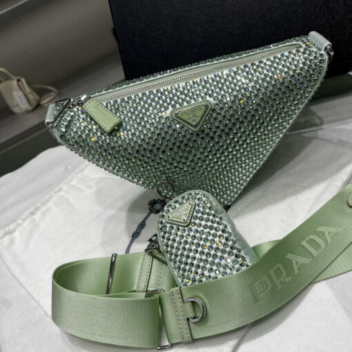 Replica Prada 1NE190 Crystal-studded satin pouch Green 8