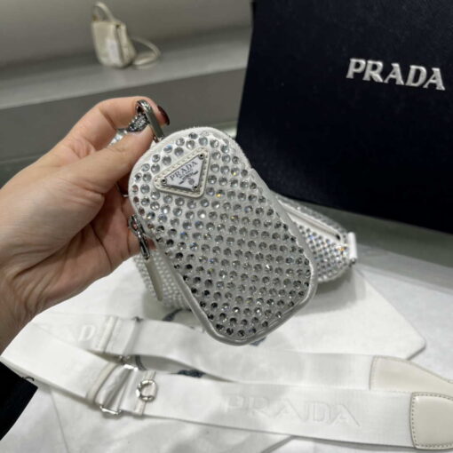 Replica Prada 1NE190 Crystal-studded satin pouch White 5