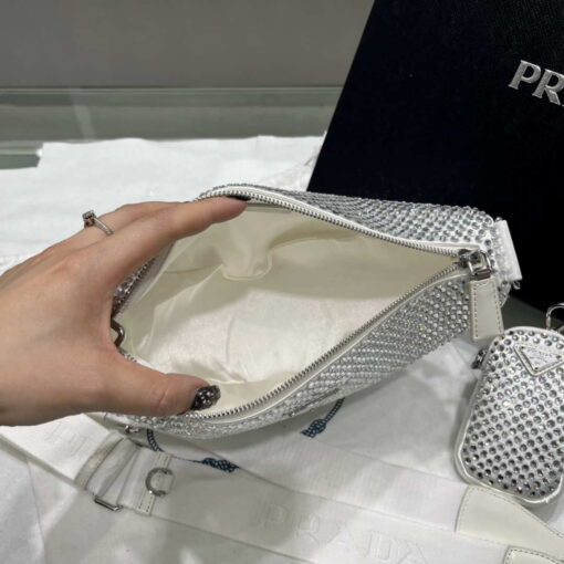 Replica Prada 1NE190 Crystal-studded satin pouch White 6