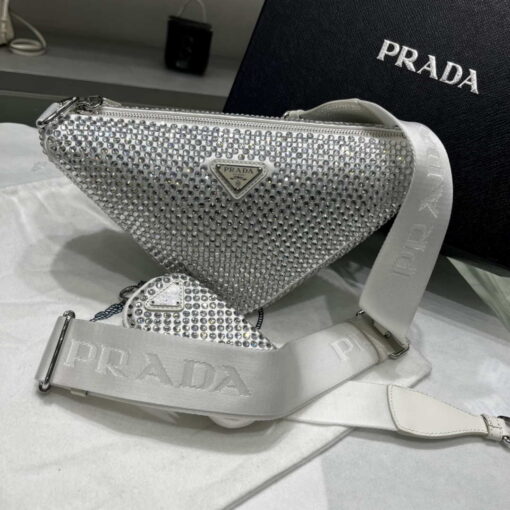 Replica Prada 1NE190 Crystal-studded satin pouch White 8