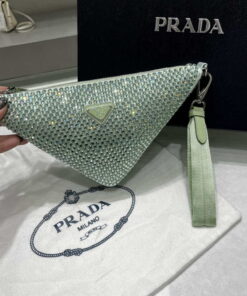 Replica Prada 1NE039 Crystal-studded satin pouch Green